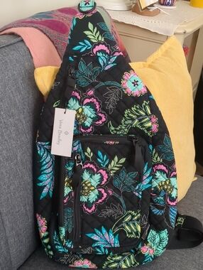 Vera Bradley Black Floral Sling Backpack with Teal & Pink Accents